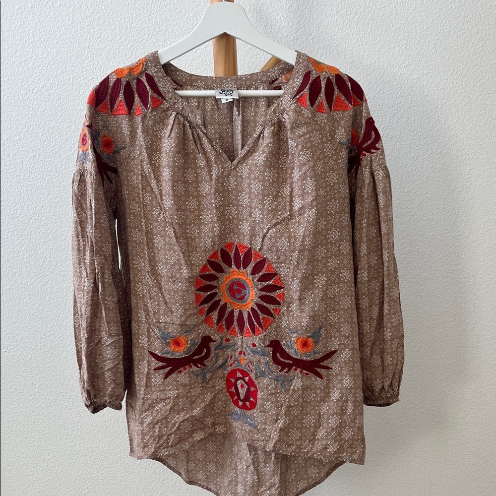 Ivy Jane Brown Blouse with Red Embroidery
